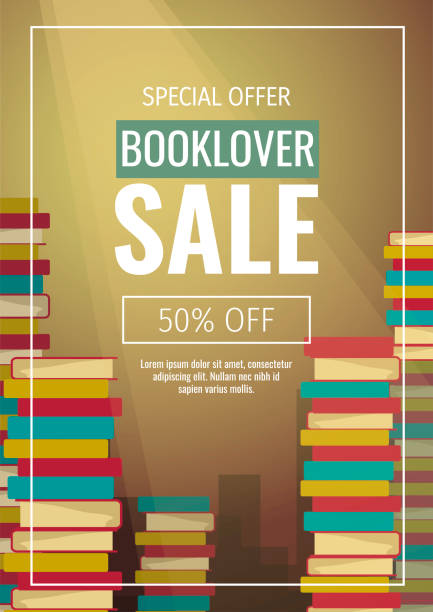 Promo sale flyer with piles of books for bookstore, bookshop, book lovers, E-book reader, E-library. Promo sale flyer with piles of books for bookstore, bookshop, book lovers, E-book reader, E-library. A4 vector illustration for poster, banner, advertising, special offer, flyer. book backgrounds stock illustrations