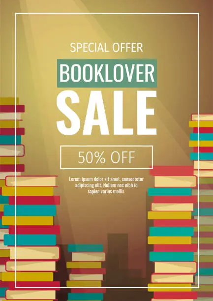 Vector illustration of Promo sale flyer with piles of books for bookstore, bookshop, book lovers, E-book reader, E-library.