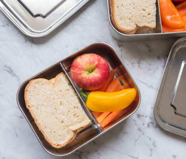 stainless steel lunch boxes with healthy food from above - zero waste concept - lunch box lunch red apple imagens e fotografias de stock