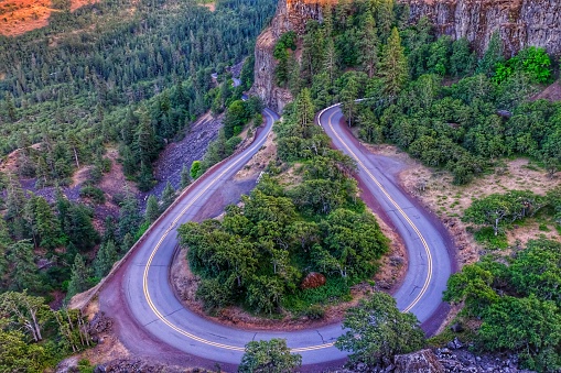 Aerial view of Rowena Crest- the winding highway, Oregon