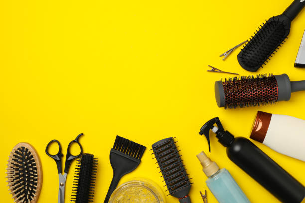 istock Composition with hairdresser accessories on yellow background, space for text 1263782136