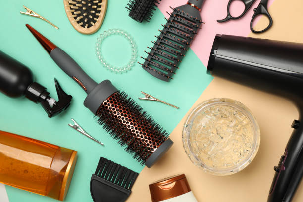 istock Composition with hairdresser accessories on three tone background 1263782206