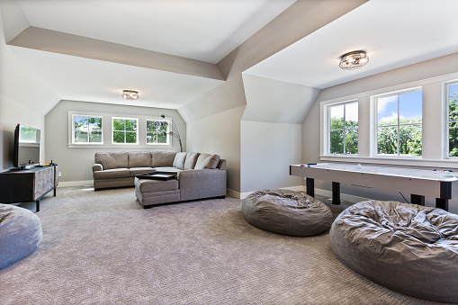 New home with carpeted game and play room with comfortable seating