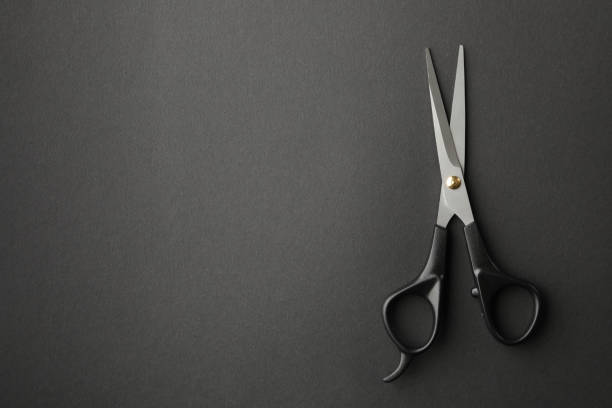 istock Black hairdresser scissors on black background, space for text 1263782316