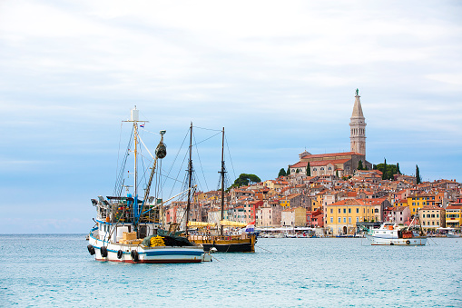 View of moored boats and the Old City peninsula of Rovinj, Croatia