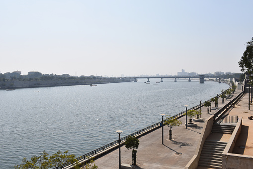 Sabarmati Riverfront Ahmedabad, on the western bank is the Gandhi Ashram at Sabarmati, Ahmedabad, Gujarat