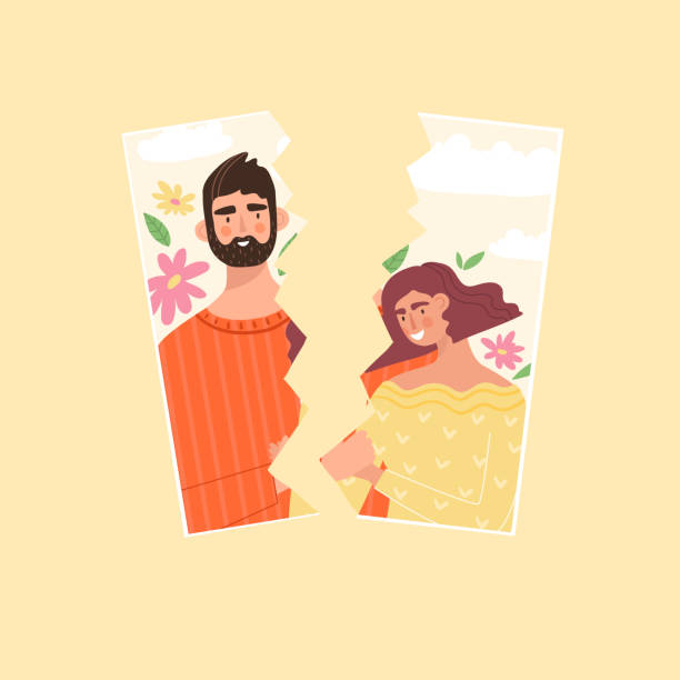 divorce Torn photography of happy family. Man and woman on  the photography. Misunderstanding in family, divorce concept. Crisis in a relationship, break up. Vector Illustration in flat style. former stock illustrations
