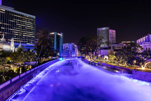 Panoramic view of River of Life Kolam Biru water and light display from Jln Raja, Kuala Lumpur, Malaysia stock photo