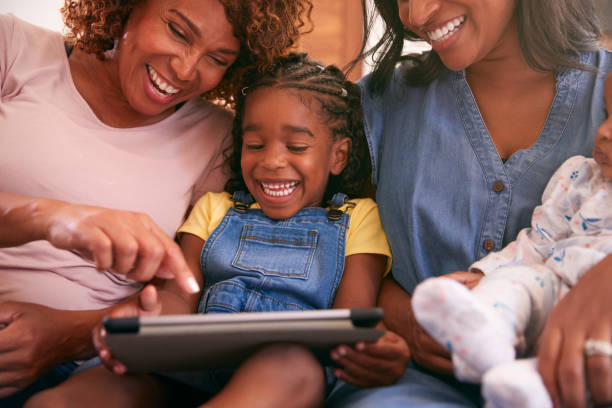 istock Multi-Generation Female African American Family Sitting On Sofa At Home Using Digital Tablet 1263791357