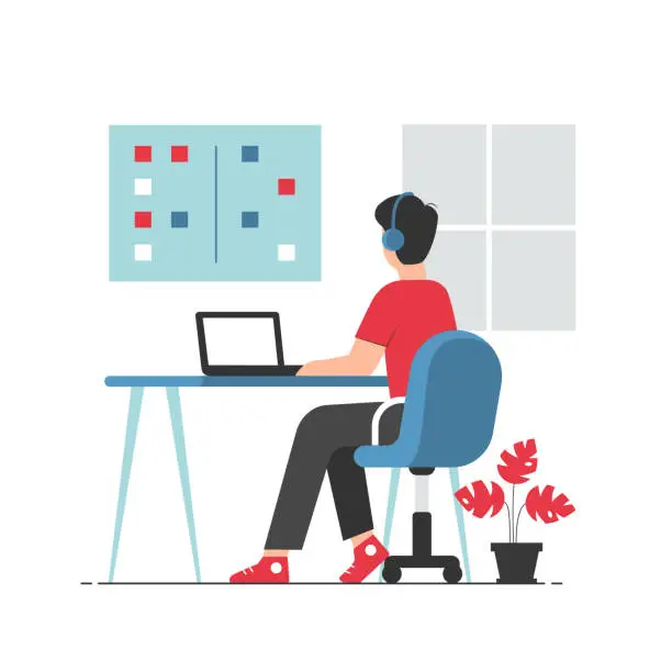 Vector illustration of Office worker in casual clothes sitting at desk and working on laptop. Professional office worker at workplace