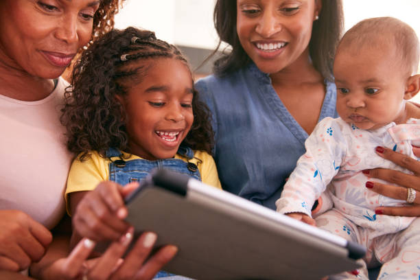 istock Multi-Generation Female African American Family Sitting On Sofa At Home Using Digital Tablet 1263802949