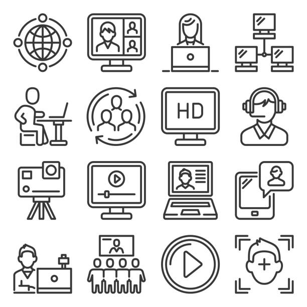 ilustrações, clipart, desenhos animados e ícones de conjunto de ícones de videoconferência e reunião on-line. vetor - video conference camera