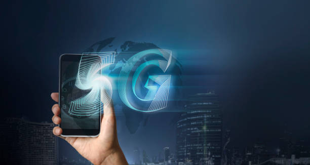 Mobile phones with holograms, 5G, wireless networks, 5G, concepts of 5G networks, high-speed mobile internet, new networks stock photo