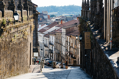 Santiago de Compostela, Spain - July 18, 2020: Street in historical centre of Santiago de Compostela
