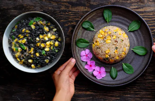 Top view vegetarian meal for lunch, fried rice dish and vegan seaweed soup, Vietnamese healthy food for non meat diet