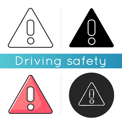 Attention icon. Safe driving, traffic rules, transport safety regulations. Linear black and RGB color. Warning road sign. Triangle with exclamation mark isolated vector illustrations