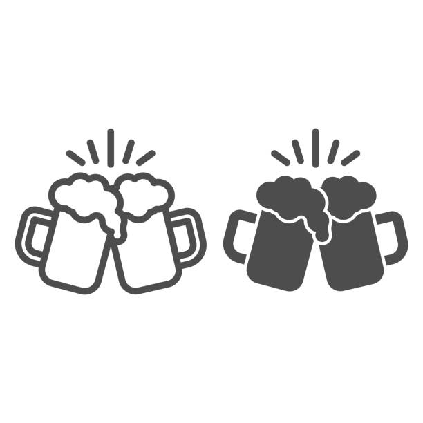 ilustrações de stock, clip art, desenhos animados e ícones de toasting glasses of beer line and solid icon, craft beer concept, cheers sign on white background, beer mugs icon in outline style for mobile concept and web design. vector graphics. - friends drink