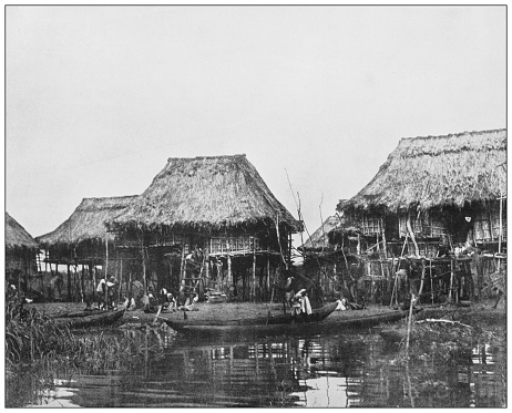 Antique black and white photograph: Lake Nokoué, Benin