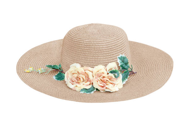 istock Pretty straw hat with flower on white background 1263827376