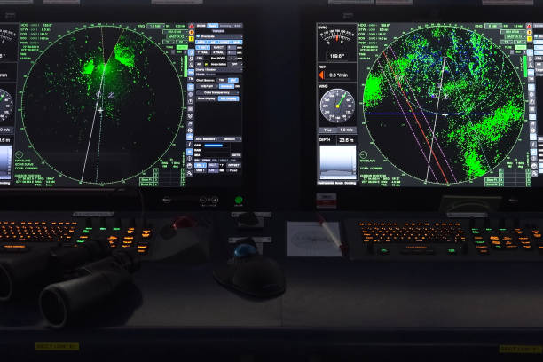 Ship control panel. Navigational devices and echolocation and ra Ship control panel. a Navigational devices and echolocation and radar monitors. throttle photos stock pictures, royalty-free photos & images