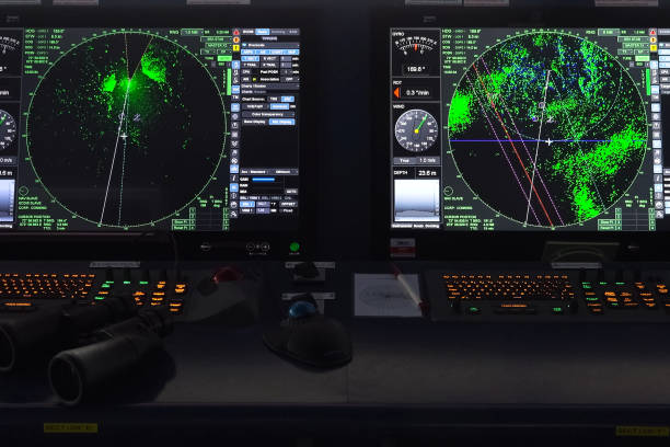 ship control panel. navigational devices and echolocation and ra - throttle imagens e fotografias de stock