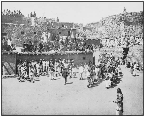 Antique black and white photograph: Zuni natives Antique black and white photograph: Zuni natives anasazi stock illustrations