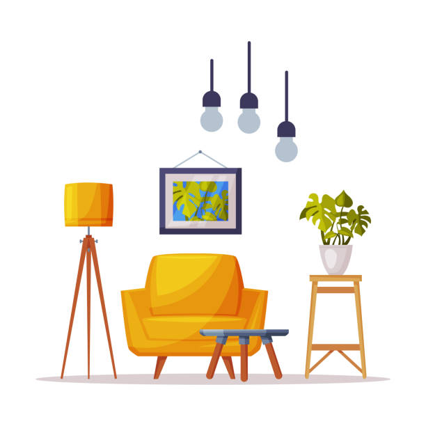 istock Modern Cozy Room Interior Design, Comfortable Armchair,Coffee Table, Wooden Stand with Houseplant Vector Illustration on White Background 1263829685