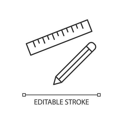 Pen and ruler pixel perfect linear icon. Stationary for school. Writing tool for geometry class. Thin line customizable illustration. Contour symbol. Vector isolated outline drawing. Editable stroke