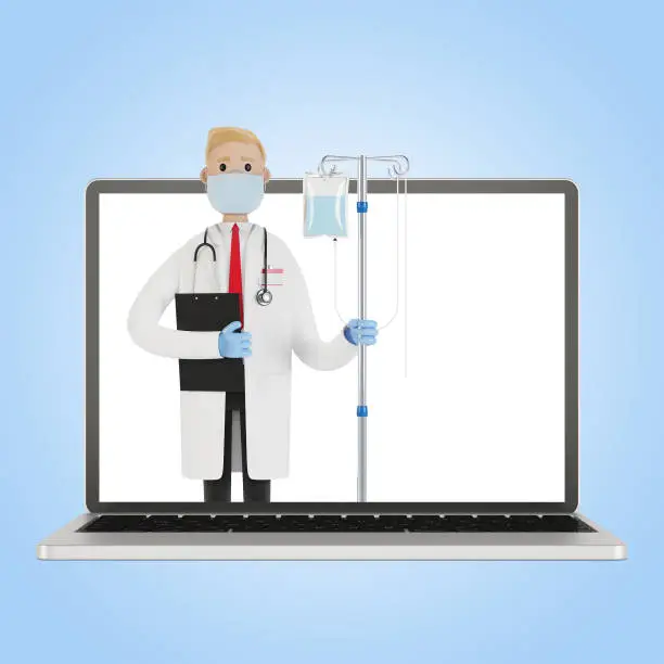 Photo of Doctor with dropper on the laptop screen. Toxicology, intoxication, decontamination. Internet doctor. 3D illustration in cartoon style.