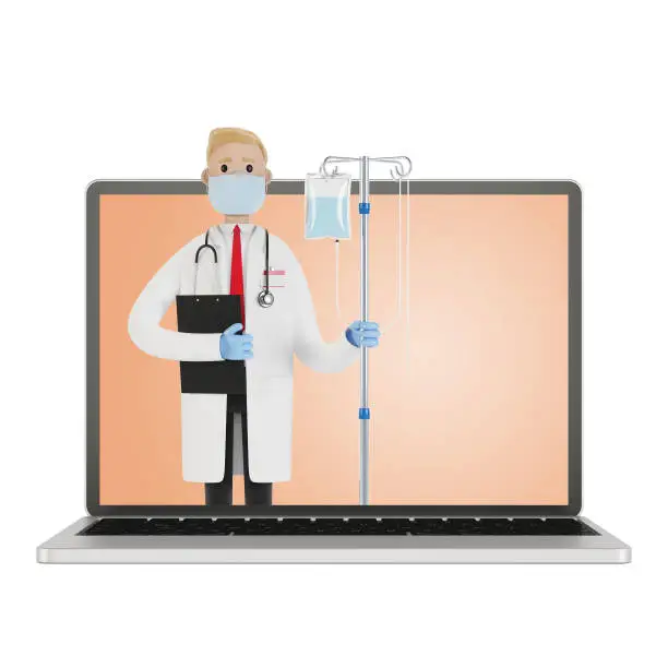 Photo of Doctor with dropper on the laptop screen. Toxicology, intoxication, decontamination. Internet doctor. 3D illustration in cartoon style.