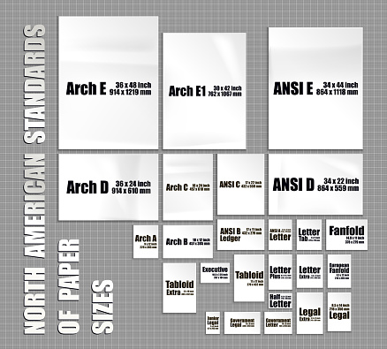 Full set of American paper sheets standards of series Arch, Ansi, format Letter, Ledger, Tabloid. Mock up of realistic white pages in different USA sizes