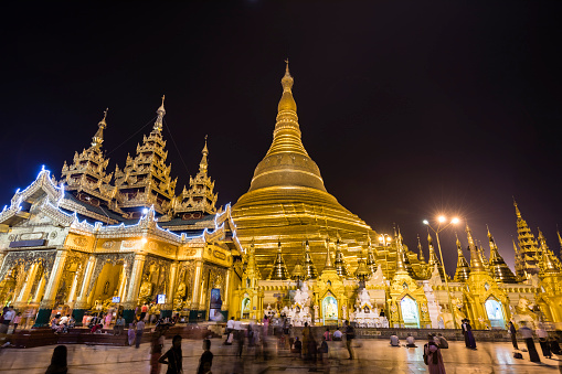 YANGON, MYANMAR, December 25, 2017: Shwedagon Pagoda in Yangon at night, Myanmar (Burma)