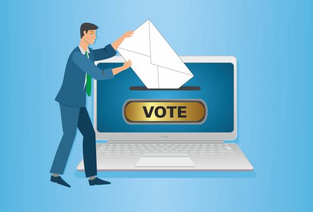 ilustrações, clipart, desenhos animados e ícones de votação online. homem deixando seu voto para as eleições. - urna eletrônica