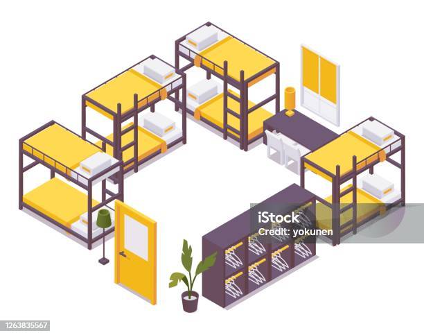 Hostel Vector Hostel Isometric Set With Bunk Beds And Lockers 3d Interior Example In ...