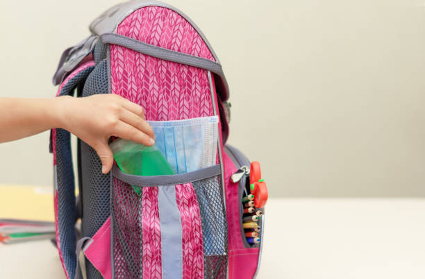 istock Back to school. Education concept. Collect your backpack for school. A child puts a protective medical mask and an antibacterial hand cleaning gel (manual alcohol) into aknapsack on light background. 1263837146