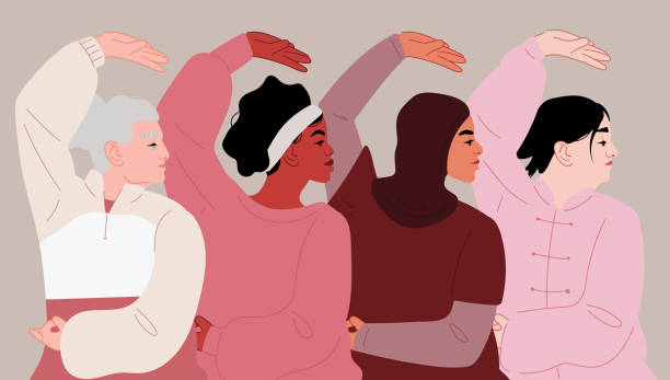 Group of diverse women in sports wear practice tai chi, qigong. Different ethnicity women: African, Chinese, European, Arab. World community. Healthy lifestyle. Cartoon flat vector illustration tai chi meditation stock illustrations