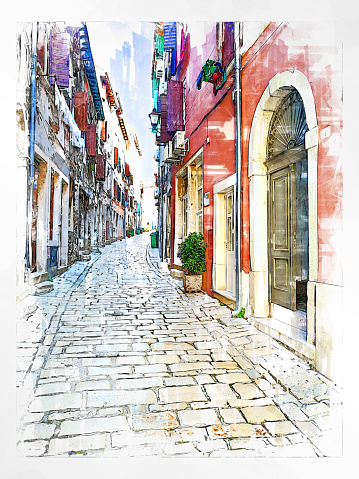 Sketch drawing with markers effect on a photo of famous ancient town Rovinj in Istria, Croatia. Detail of stone street / cobblestone between old multi-colored houses. Watercolor effect on a photography.
