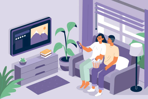 couple watching tv Young Couple Relaxing Together on Sofa and Watching TV Online. People Characters Resting at Home and Watching Movies. Online Television Concept. Flat Cartoon Vector Illustration. kids watching tv stock illustrations