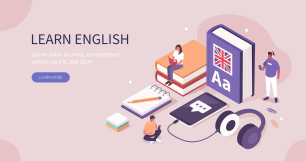 learn english Students Learning English Language Online. People Characters Studying with Smartphone, Books and Practicing Reading, Listening and Speaking in English. Flat Isometric Vector Illustration. english culture illustrations stock illustrations