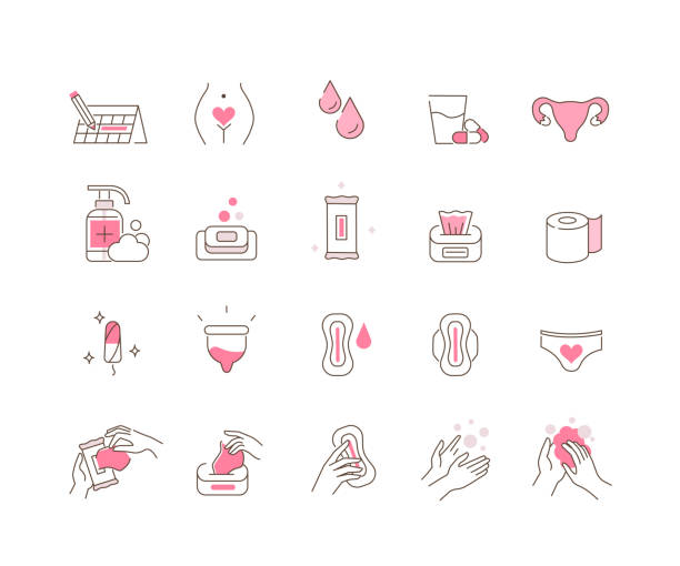 menstruation icons Woman Menstruation Cycle Icons Collection. Gynecological hygiene Products. Pad, Menstrual Cup, Tampons. Feminine Intimate Hygiene for Period. Flat Line Cartoon Vector Illustration. gynecology stock illustrations