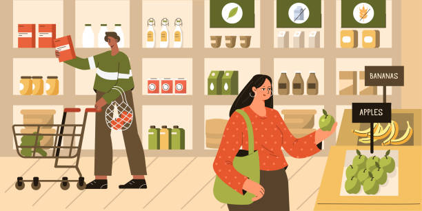 supermarket Young People Buying Natural Products in Modern Organic Grocery Supermarket. Customers Choosing Lactose Free, Gluten Free, Vegan Products and other Healthy Food. Flat Cartoon Vector Illustration. supermarket illustrations stock illustrations
