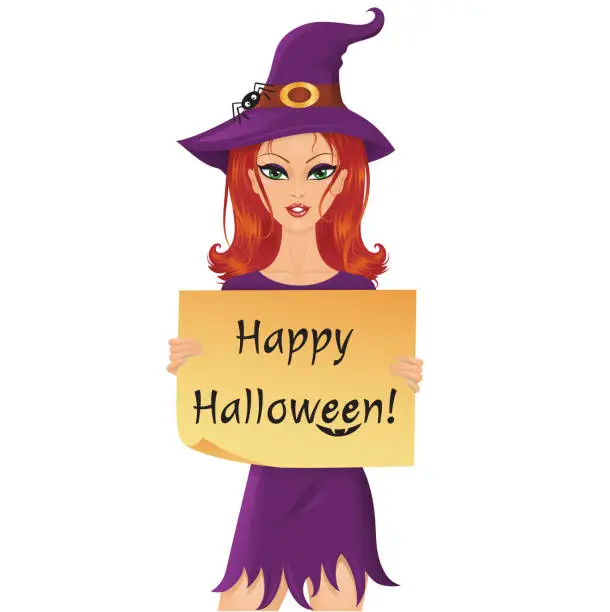 Vector illustration of Cute red-haired witch holding a piece of paper with happy Halloween text.