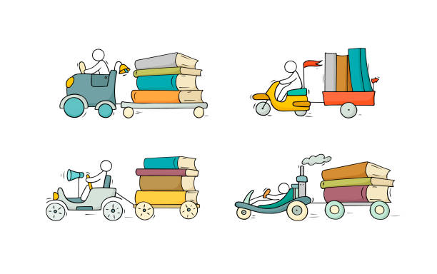 ilustrações de stock, clip art, desenhos animados e ícones de sketch set of many books with little people. - university graduation car student