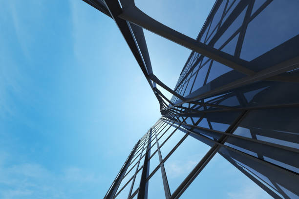 istock Abstract futuristic architecture, Skyscraper glass office building. 3D render. 1263842514