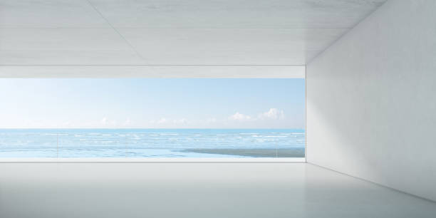 istock Empty concrete interior space, Modern living room on sea background . 3d render. 1263842545