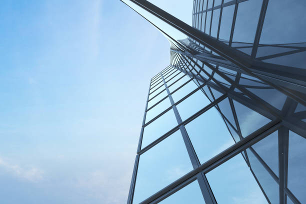 istock Abstract futuristic architecture, Skyscraper glass office building. 3D render. 1263842600