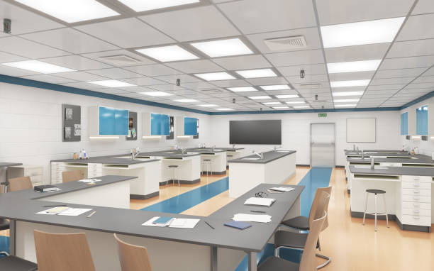 istock Modern classroom with wood floor. High school. 3d illustration 1263848094