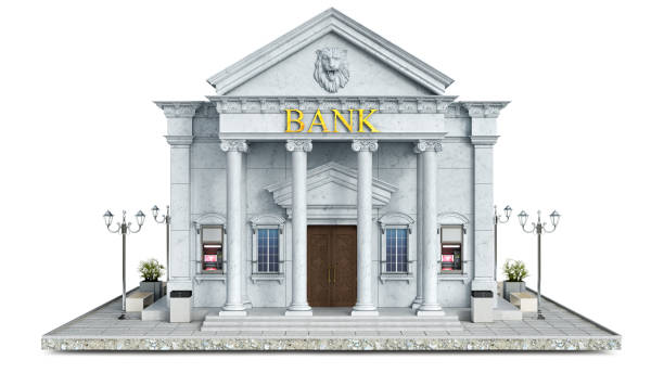 고전적이고 기념비적인 은행 건물, 지상의 거리 요소, 3d 일러스트 - animal banking 뉴스 사진 이미지