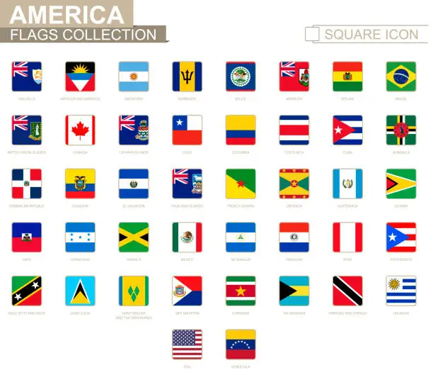 Vector illustration of Square flags of America. From Anguilla to Venezuela.