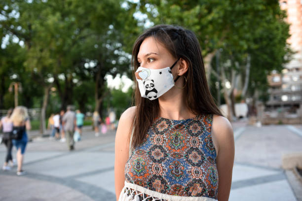 istock Beautiful young woman with protection face mask 1263851582